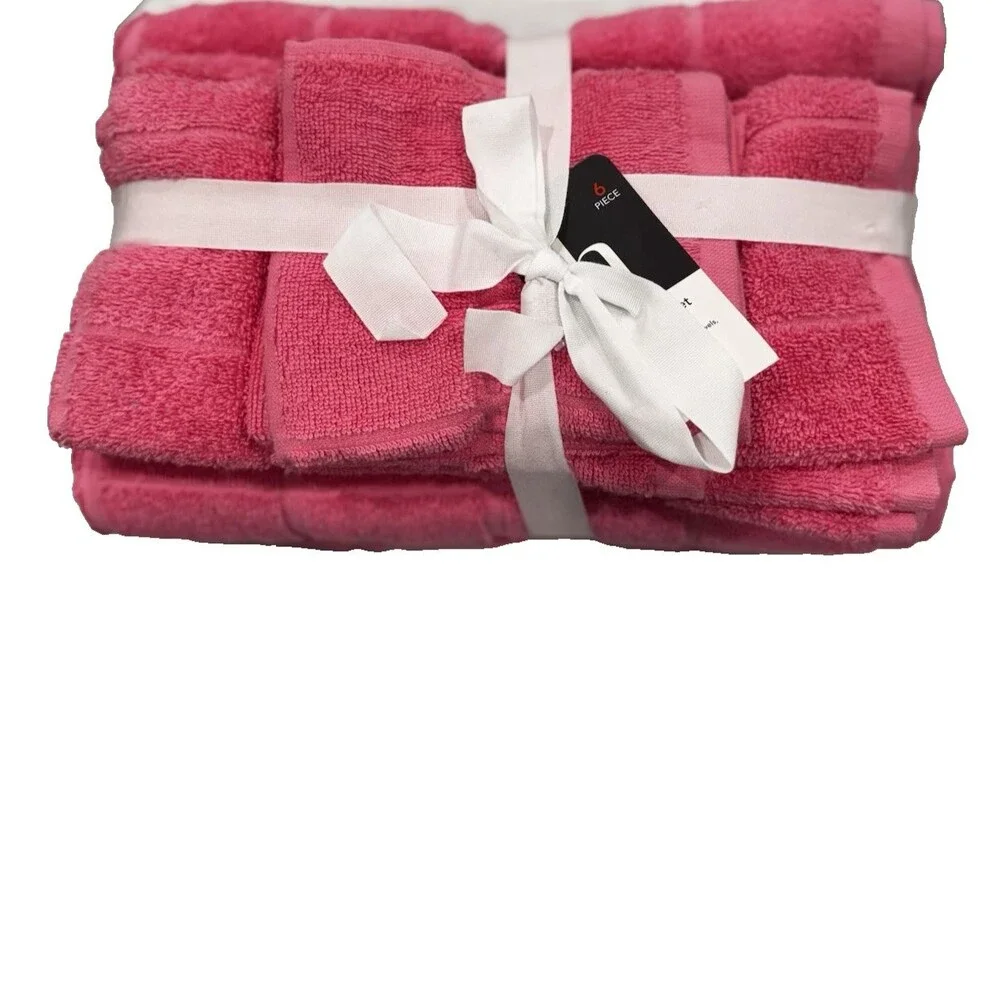 Home Expressions 6 Piece Bath Towel Set 100% Cotton Pink Lemonade NEW